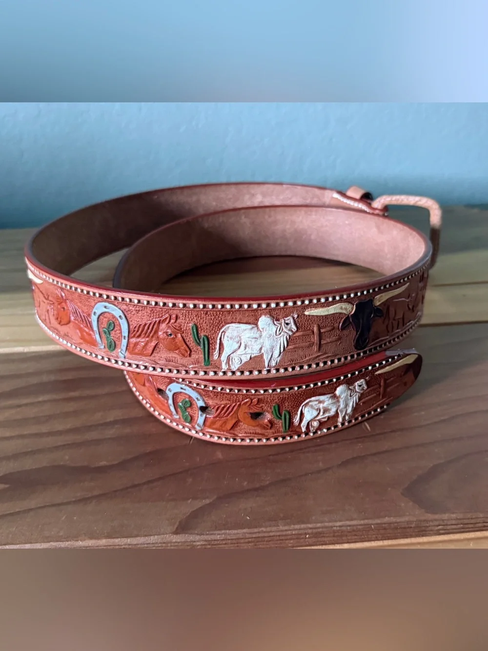 Vintage Western Tooled Leather Belt Size 42 Horse Cow Cactus Horseshoe 48in